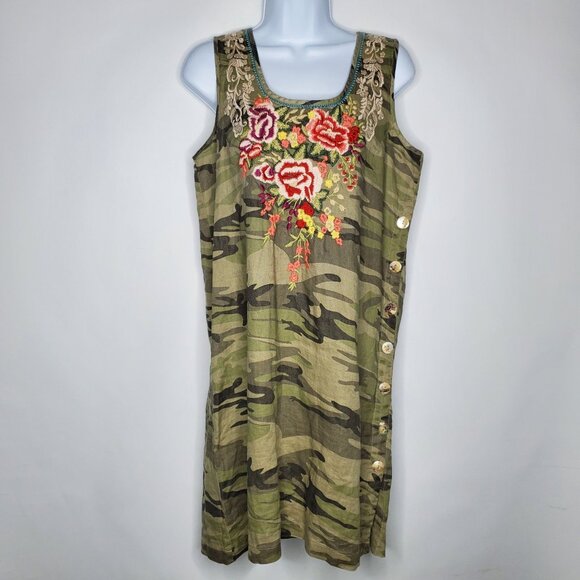 JOHNNY WAS Womens 100% Linen Adeline Dress Size S Side Button Camo Embroidered - Picture 1 of 9